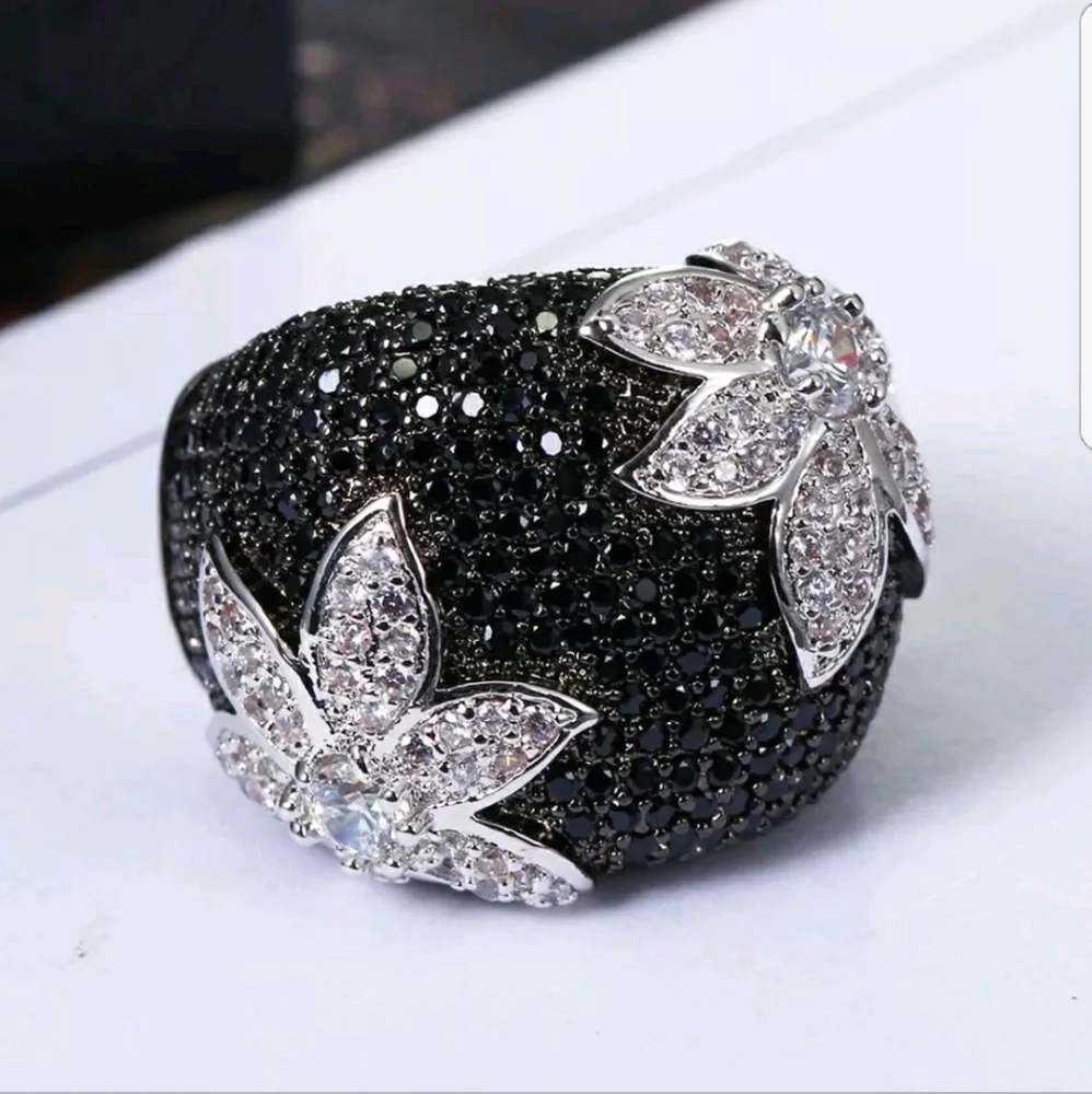 Black Pavé Flower Cocktail Ring with White Crystal Accents